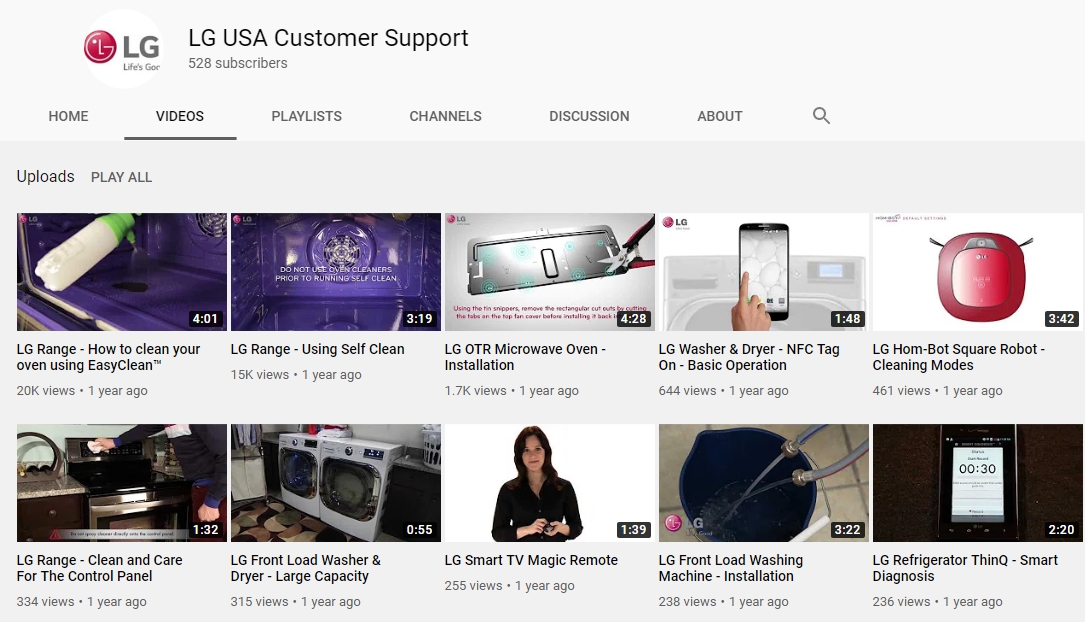 The front page of LG USA Customer Support’s YouTube channel