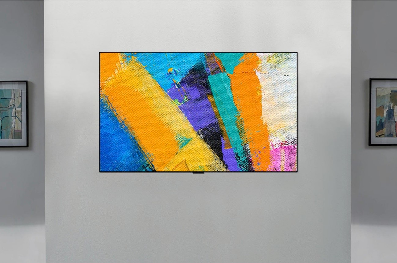 The front shot of the LG GX Gallery TV displaying colorful abstract art