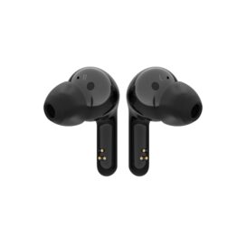 A pair of canal-type LG TONE Free in matte stylish black with each earbud facing the opposite direction