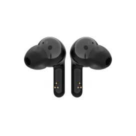 A pair of canal-type LG TONE Free in matte stylish black with each earbud facing the opposite direction