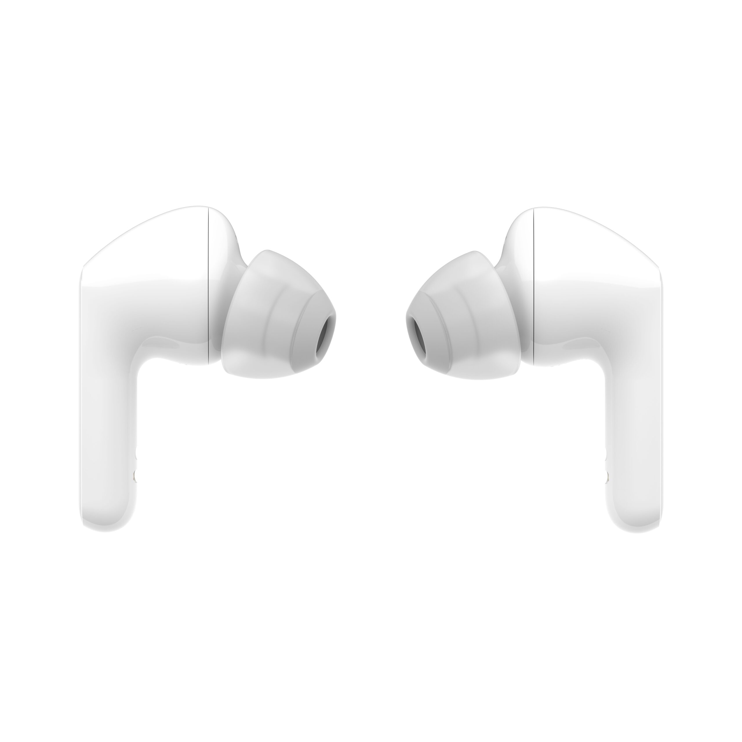 A pair of LG TONE Free in glossy modern white facing each other