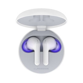 LG TONE Free in glossy modern white stored in UVnano charging case which eliminates bacteria and germs on the earbuds as they charge
