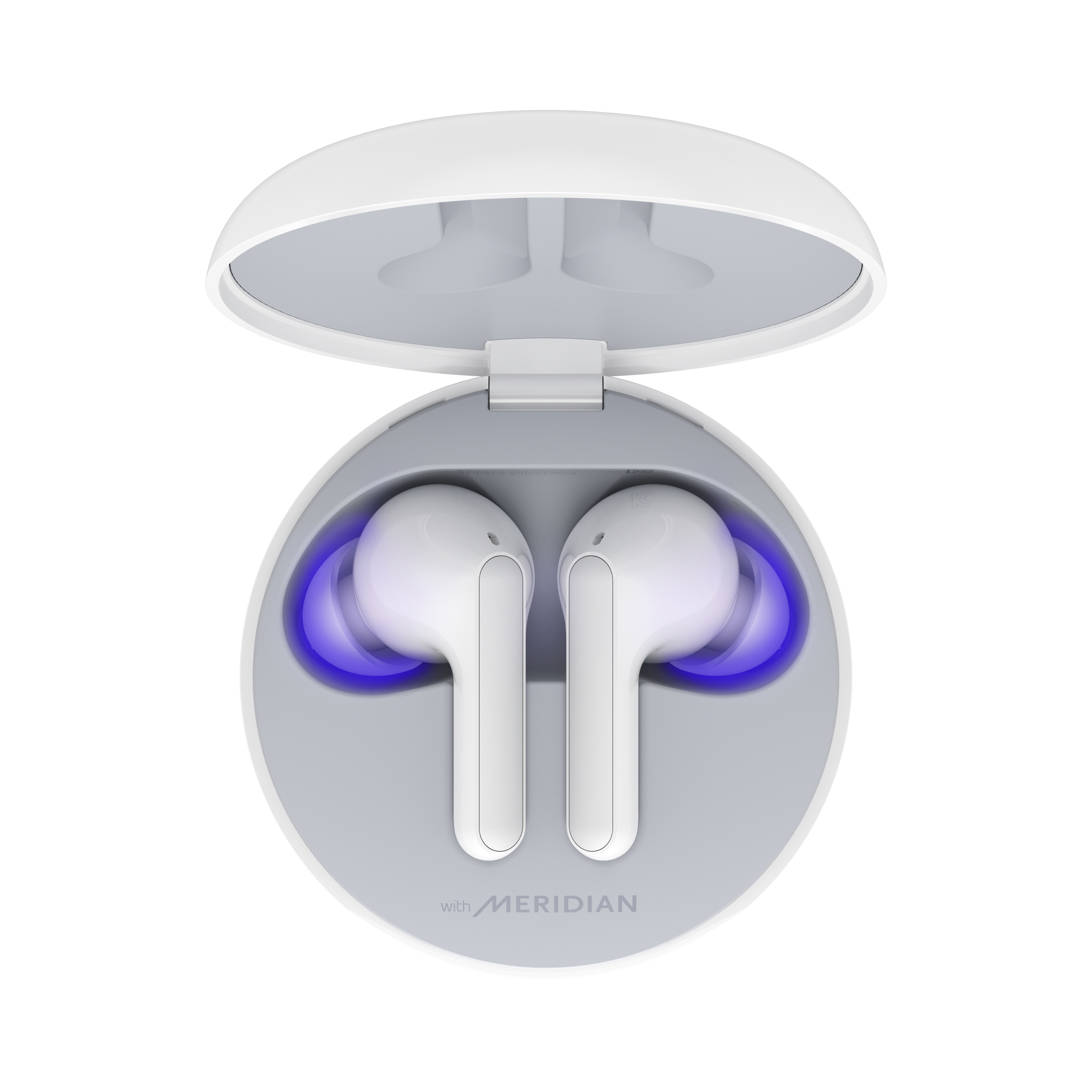 LG TONE Free in glossy modern white stored in UVnano charging case which eliminates bacteria and germs on the earbuds as they charge