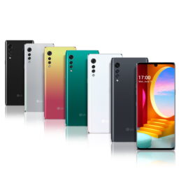 Front and rear view of LG VELVET in New Black, Aurora Silver, Illusion Sunset, Aurora Green, Aurora White and Aurora Gray