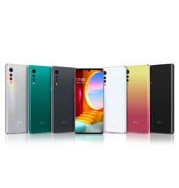 Front and rear view of LG VELVET in Aurora Silver, Aurora Green, Aurora Gray, Aurora White, Illusion Sunset and New Black