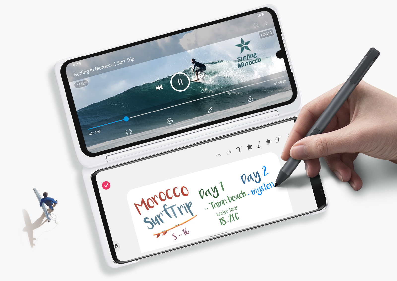 Lifestyle image of a user watching a video on the LG Dual Screen while taking notes on the LG VELVET with a compatible active stylus pen