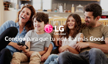 A family of four watch TV together with the LG logo overlapping