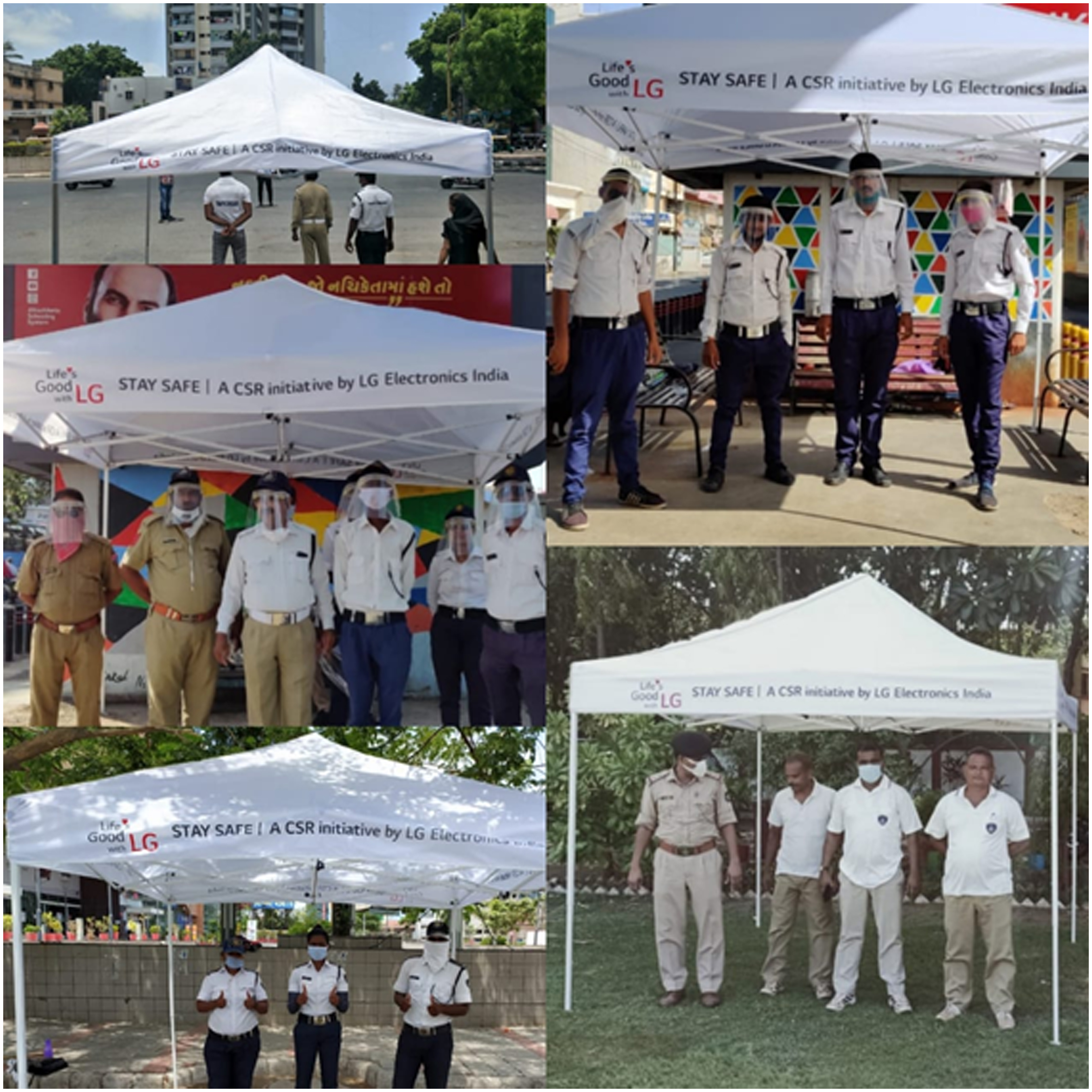 Several pictures of India’s policemen standing in front of the LG CSR banner