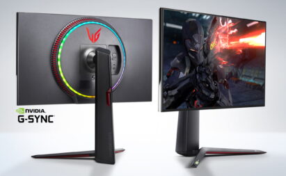 A front and rear view of LG’s new UltraGear Monitor with the NVIDIA G-Sync logo in the bottom left