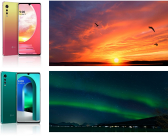 Two representative colors of LG VELVET; Illusion Sunset and Aurora Green, next to images depicting their inspiration
