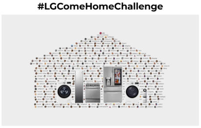 A shape of the house formed by participants’ IDs, under the text ‘#LGComeHomeChallenge.’ LG washing machine, dryer, Styler, oven, refrigerator and air purifier in the house.