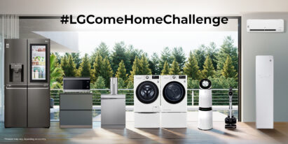 A living room with LG home appliances – refrigerator, microwave, dishwasher, water purifier, washer, dryer, air purifier, vacuum cleaner, Styler and air conditioner – under the text ‘#LGComeHomeChallenge.’