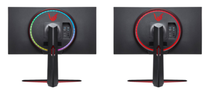 Two rear views of the latest LG UltraGear monitor, showing off its circular array of LEDs known as RGB Sphere Lighting 2.0. One in its multicoloured setting, the other in its red light setting