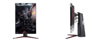 A front view of LG UltraGear in its portrait orientation next to a side view illustrating how the screen can be moved up and down thanks to its stand