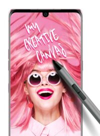 LG VELVET displaying a promotional image featuring a model with overflowing pink hair and the phrase - ‘my creative canvas’, while its active pen lays on top