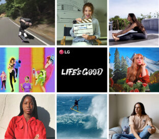 Nine screenshots taken from the Life's Good promotional short film, with young influencers doing what makes their live's so good like longboarding, directing, and surfing
