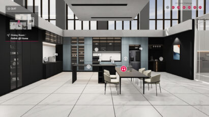 The dining room of the Home Appliance and Air Solution’s virtual home, showing more information on LG’s InstaView refrigerator, electronic cooktop, PuriCare water purifier and more