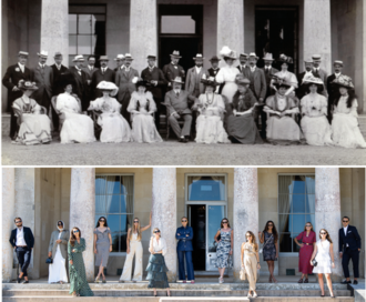Stylish models try to recreate an iconic photo from the 1800s on the front steps of Goodwood House