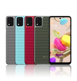 Front and rear view of LG K42 in Gray, Sky Blue, Red and Gray