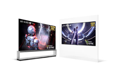 A pair of LG 8K OLED TVs - one on a TV stand and the other mounted on the wall - offering smooth and immersive 8K gaming experiences with the LG OLED AI ThinQ, Real 8K, and NVIDIA G-Sync logos in the corners of both displays
