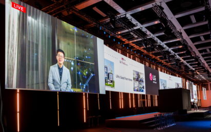 Dr. I.P. Park, president and CTO of LG Electronics, is shown live on a large screen at the LG press conference to introduce the company’s new consumer experience at IFA 2020