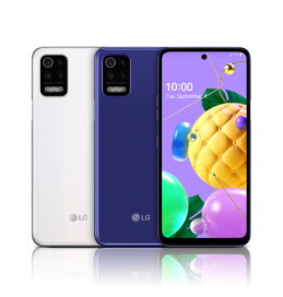 Front and rear view of LG K52 in White and Blue