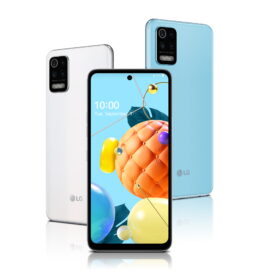 Front and rear view of LG K62 in White and Sky Blue