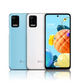 Front and rear view of LG K62 in Sky Blue and White