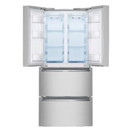 A front view of LG’s kimchi refrigerator in silver with its top doors opened wide to showcase its interior compartments