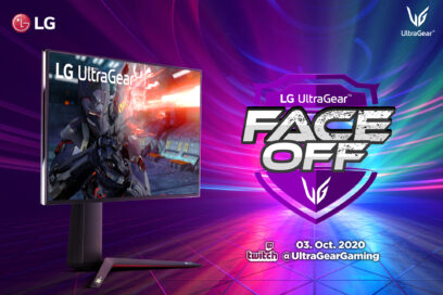 LG UltraGear, which provides an immersive gaming experience, standing next to the LG UltraGear FACE-OFF tournament logo
