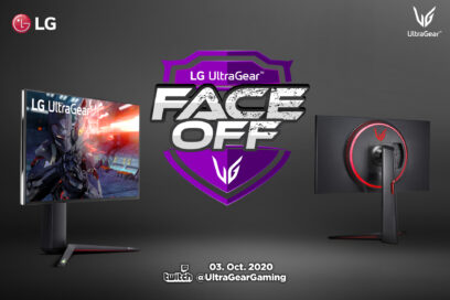Front and rear views of the LG UltraGear displaying high-quality gameplay with the LG UltraGear FACE-OFF logo in between them