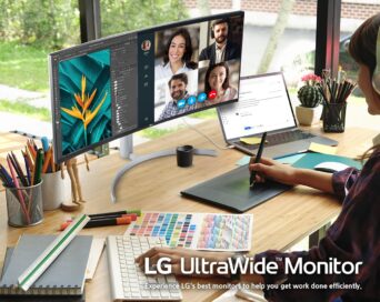 Someone using split tabs on LG’s new UltraWide monitor in their home office to talk on a video call and work on a drawing at the same time