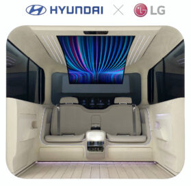 A view of the IONIQ Concept Cabin’s two back seats with the flexible OLED display covering the ceiling