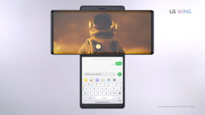 Screenshot of the LG WING product video, displaying the front view of LG WING in Swivel Mode with a video playing on the Main Screen and Messages app on the Second Screen