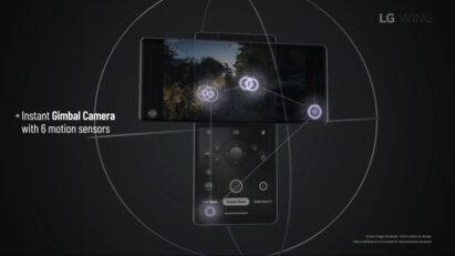 Screenshot of the LG WING product video, displaying LG WING’s Gimbal Camera which utilizes 6 motion sensors