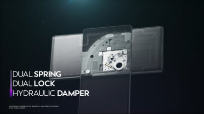 Screenshot of the LG WING product video, displaying the internal components of Dual Spring, Dual Lock and Hydraulic Damper in LG WING