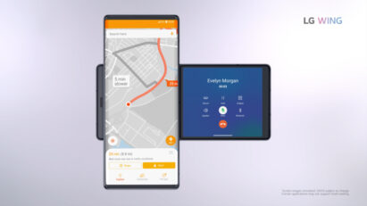 Screenshot of the LG WING product video, displaying LG WING in Swivel Mode with the GPS on the Main Screen and call feature on the Second Screen
