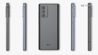 Screenshot of the LG WING product video, displaying the rear and side view of LG WING in Aurora Gray and Illusion Sky