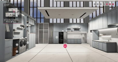 The laundry room of the Home Appliance and Air Solution’s virtual home, showing more information on LG’s WashTower, TwinWash, Styler, ArtCool air conditioner and more
