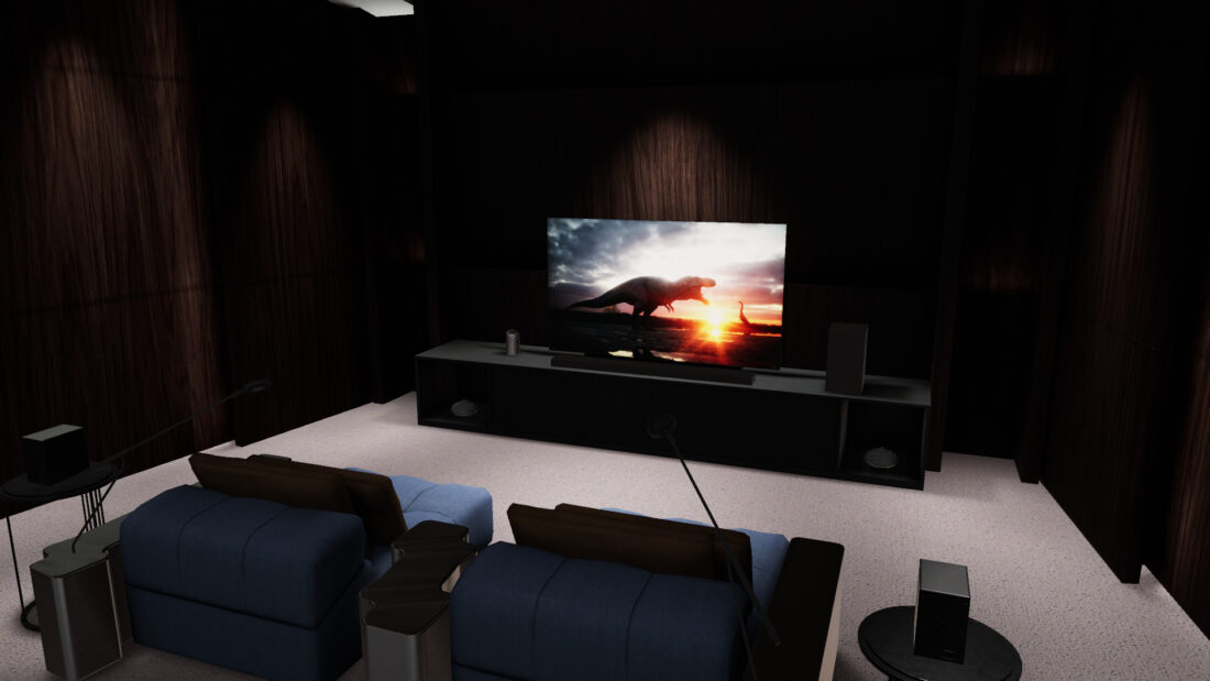 The virtual home cinema setup of the Home Entertainment Zone, which is fitted with LG’s latest OLED TV and soundbar to illustrate how the combination creates the most immersive movie viewing experiences to date