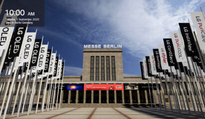 A render image of Messe Berlin’s Hall 18 at IFA 2020, featuring flags of LG’s wide-ranging lineups to be showcased at the event
