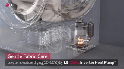 A transparent LG dryer rendering illustrates how DUAL Inverter Heat Pump™ utilizes lower temperatures to prevent damage to clothing