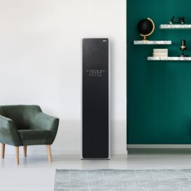 LG Styler which employs pure water-powered TrueSteam™ technology stands on the wall of a modern living space