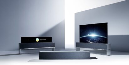Three LG SIGNATURE OLED R TVs displayed to show off its three viewing modes: Full View, Line View and Zero View
