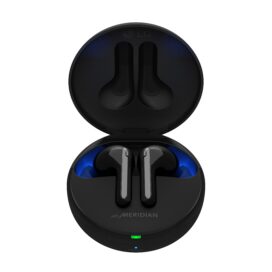 A pair of TONE Free FN7 earbuds in Stylish Black sitting inside its UVnano Charging case, which is emitting a blue light from the top of the case informing charging level and UV nano status