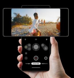 LG Wing in Swivel Mode being used to capture a video, with buttons on the Second Screen that let the user switch between multiple camera features like its Gimbal Mode and Dual Recording