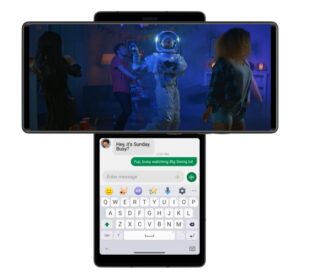 LG WING in its Swivel Mode allows users to send text messages on the Second Screen while simultaneously watching a video on the main display