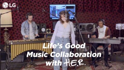 The three winners of LG’s Life’s Good Music Project in a studio recording a song together