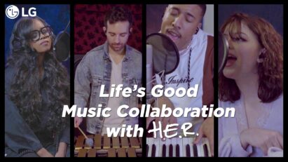 The four members of LG's Life’s Good Music Project singing the lyrics “Life is still Good” from their collaborative song