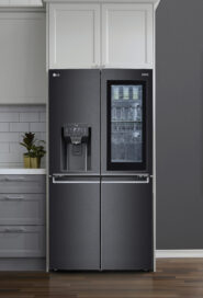 Front view of LG InstaView Door-in-Door refrigerator mounted in the wall